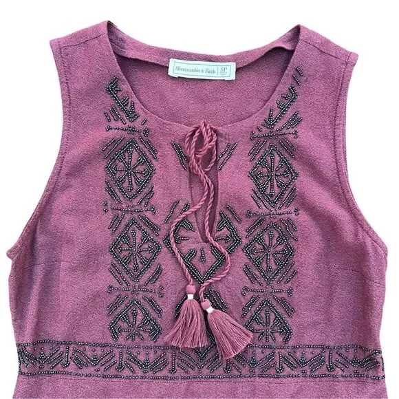 Abercrombie & Fitch Dress Women's Small Maroon Beaded Aztec Sleeveless Tie Neck - Picture 12 of 16